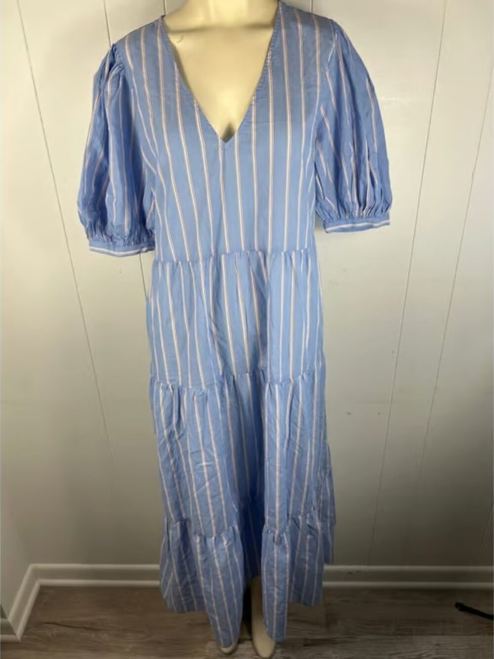 MANGO Women's Striped Cotton Midi Puff Sleeve Dress in Light Blue